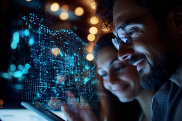 Futuristic QR Code Payments Young Indian Couple with Digital Wallet Hologram in Urban Cafe - Enhancing Tech and Business Innovation with Warm and Dynamic Visuals