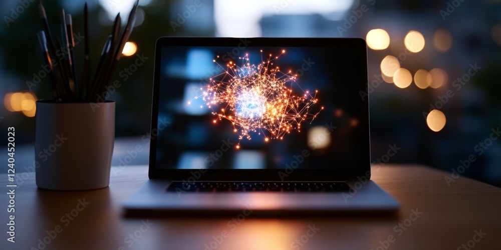 Aufkleber Futuristic Workspace Holographic Data Viz on Sleek Laptop - Enhancing Productivity with Interactive Tech for Modern Offices and Digital Transformation Solutions