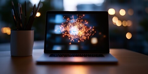 Futuristic Workspace Holographic Data Viz on Sleek Laptop - Enhancing Productivity with Interactive Tech for Modern Offices and Digital Transformation Solutions