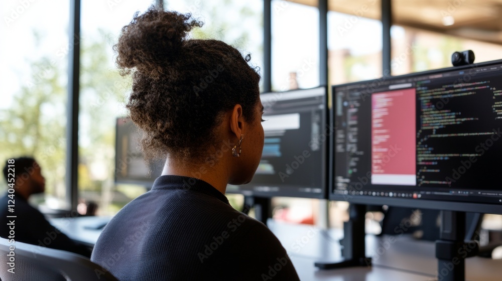 Fototapete Modern Tech Workspace Diverse Programmers Collaborate on Multi-Monitor Setups with Ergonomic Design - Advancing Global Innovation and Inclusive Tech Solutions in Professional Environments