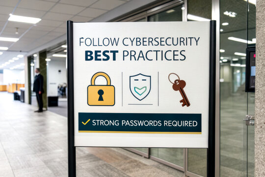A sign promoting cybersecurity best practices, emphasizing strong passwords and featuring icons of a padlock, shield, and key.
