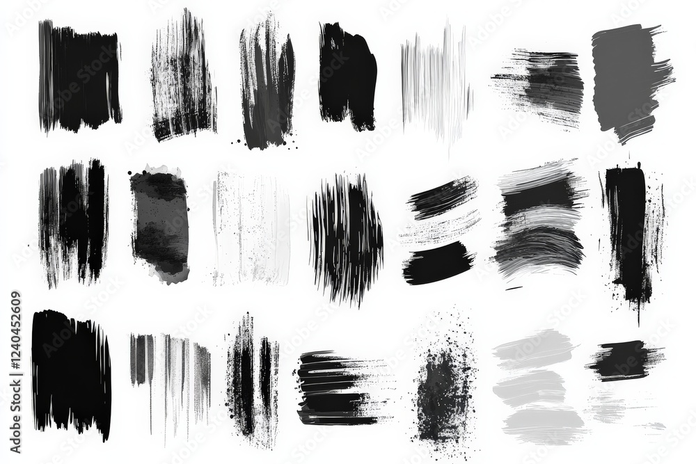 Poster diverse black and white paint strokes showcasing texture and artistic expression in a minimalist sty