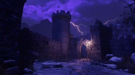 Fototapeta premium A Stormy Night at a Fortified Castle