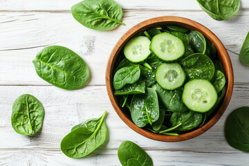 Obraz premium Fresh spinach and cucumber salad in a white bowl on a rustic wooden table, showcasing healthy greens, natural textures, and vibrant simplicity for culinary or nutrition-themed visuals
