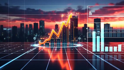 Futuristic Financial Growth Chart with Rising Graph and Bar Data Analytics Over Modern City Skyline at Sunset

 - Powered by Adobe