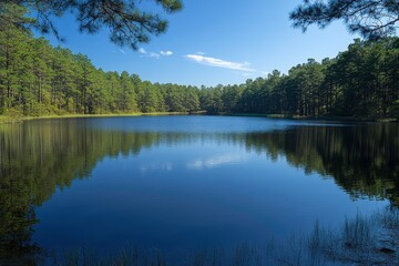 Obraz premium A serene lake surrounded by lush green trees under a clear blue sky, reflecting the beauty of nature.