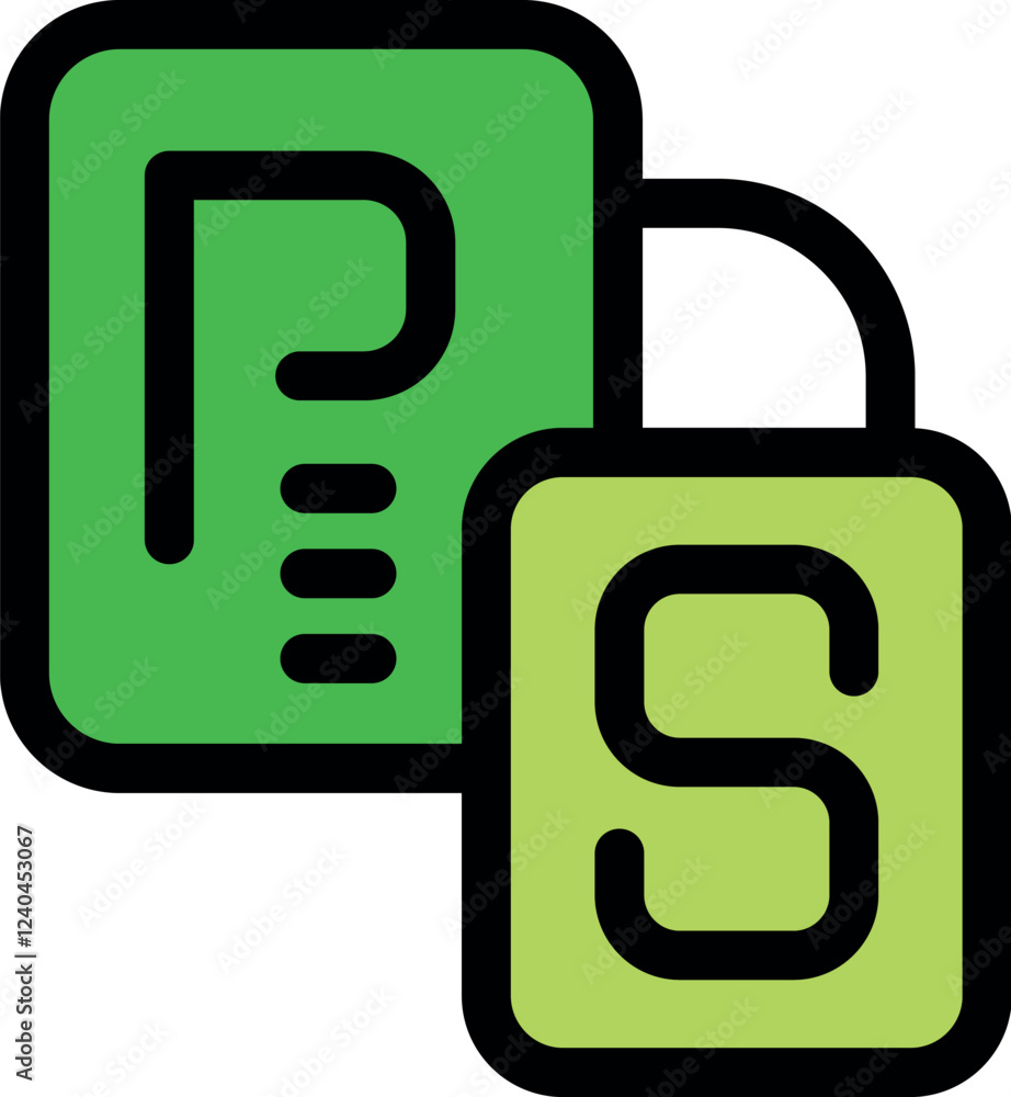 Aufkleber green and light green squares overlapping, forming ps file extension, representing postscript langua