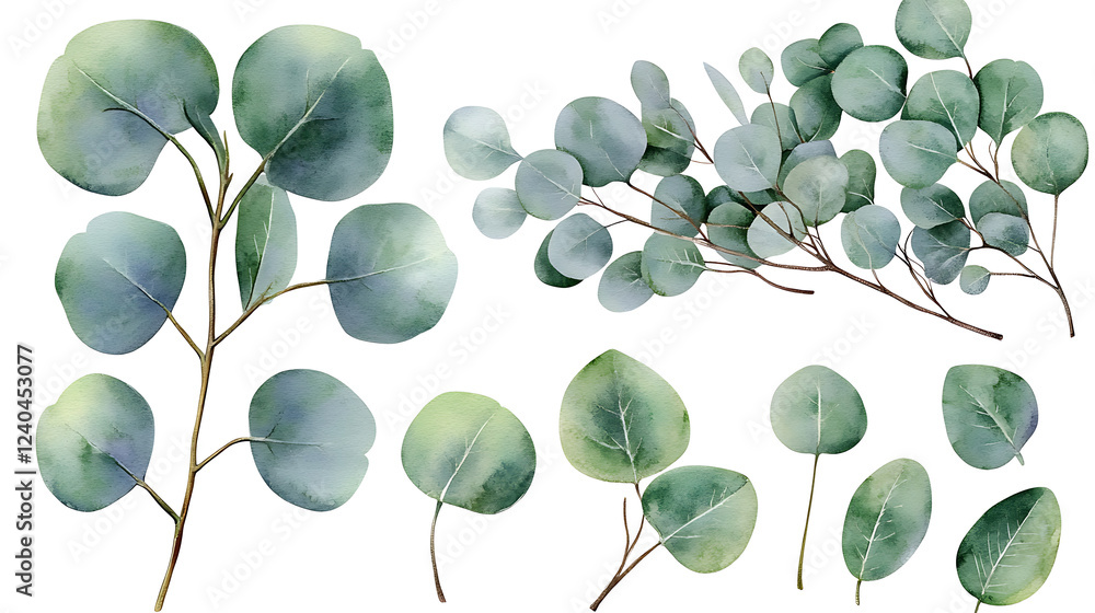 Wall mural Watercolor eucalyptus round leaves and branches set