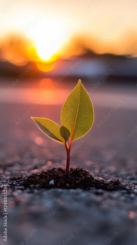 Aufkleber contemporary eco art resilient green plant emerging from pavement in soft daylight - symbolizing cro