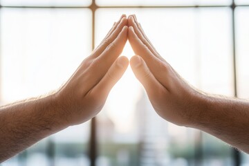 Collaborative Workspace Aesthetic High-Five Gesture Symbolizing Team Spirit and Innovation - Modern Office Dynamic and Knowledge Sharing in Diverse Urban Professional Settings