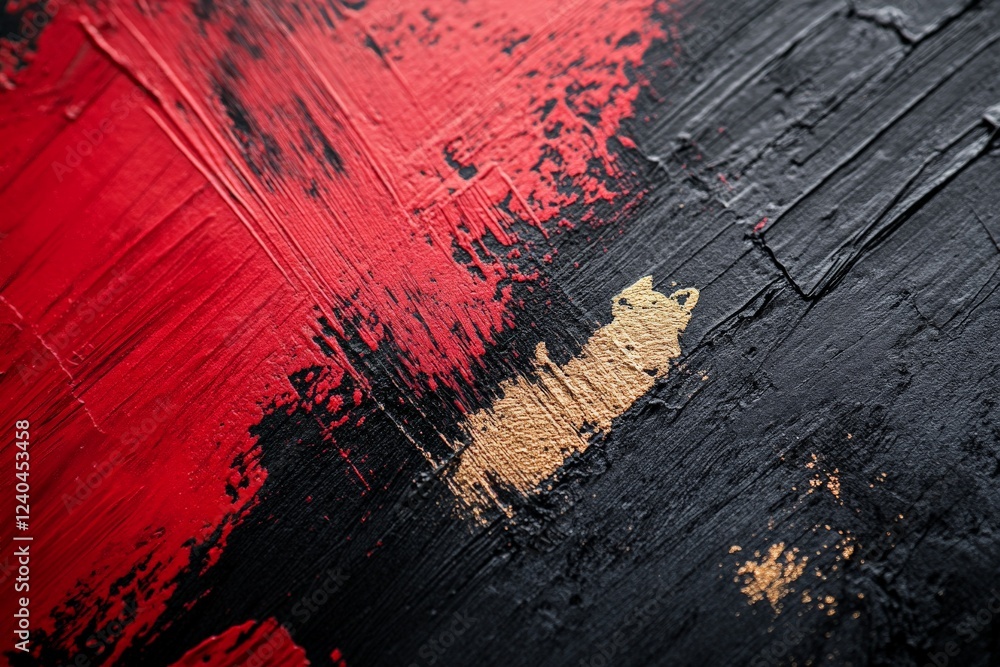 Poster abstract artwork featuring bold red, black, and gold colors displaying dynamic textures and movement