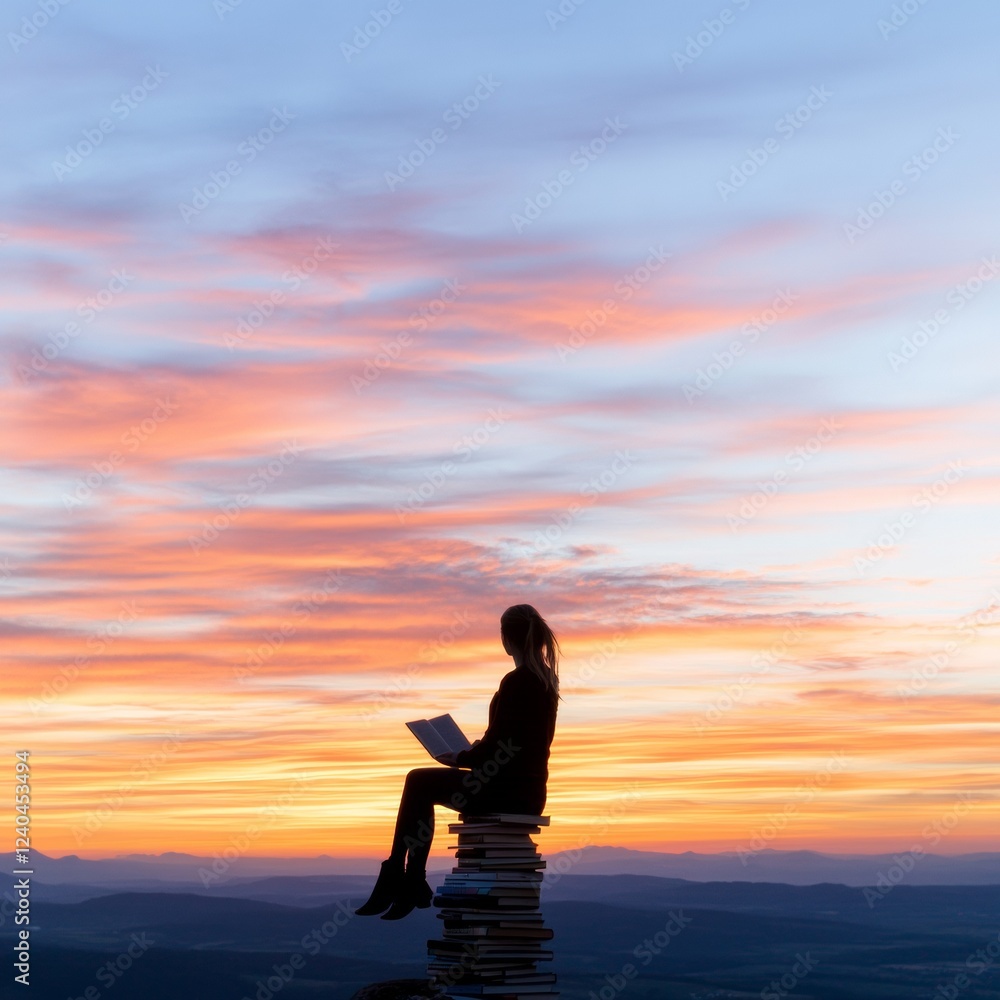 Aufkleber sunset silhouette reading scene person on books with vibrant sky - creative teamwork and exploration