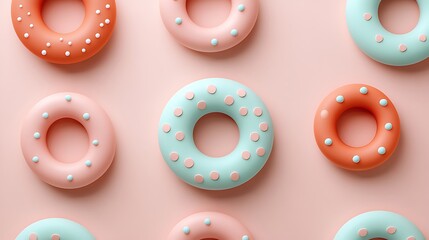 Fototapeta premium Colorful Donuts on Light Pink Background Featuring White and Pink Sprinkles in a Playful Arrangement
