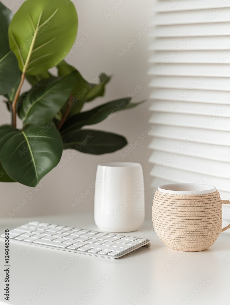 Aufkleber blended workspace aesthetic textured ceramic cup with keyboard on minimalist desk - modern digital c