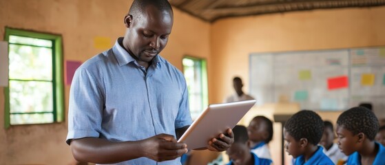 A teacher uses a tablet while students attentively observe in a classroom, highlighting modern educational methods.