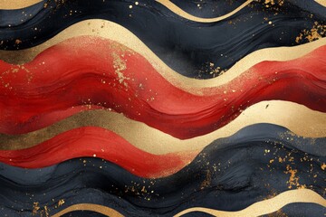 Obraz premium Abstract wave pattern featuring red, black, and gold colors with a textured finish on a modern background