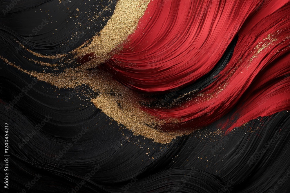 Fototapete bold abstract artwork featuring flowing red, black, and gold textures creating a dynamic visual comp