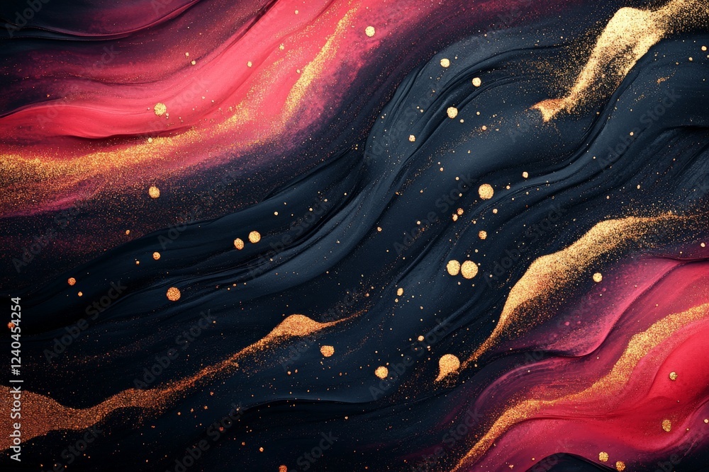 Poster Swirls of crimson and gold on a deep black background create an abstract masterpiece of flowing colors and textures