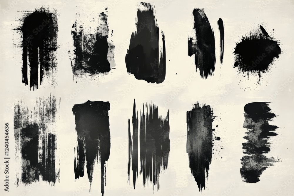 Poster various black ink splashes and brush strokes on a light background for artistic projects or digital 