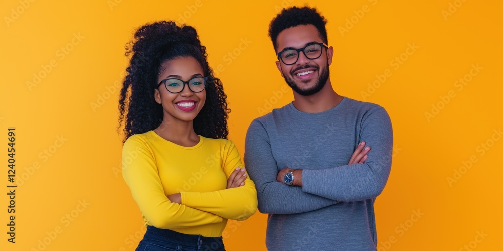 Poster A man and woman are smiling for the camera. The woman is wearing a yellow shirt and the man is wearing a gray shirt