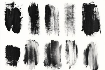 Different styles of black brush strokes on white paper showcasing artistic techniques and texture...