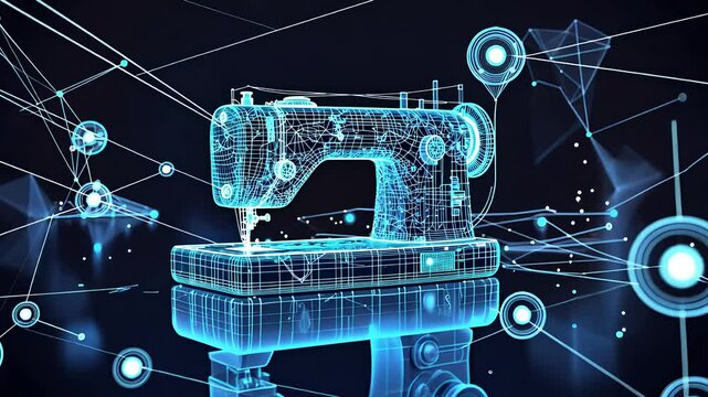 Futuristic Digital Sewing Machine Hologram with Glowing Blue Network Connections in a High-Tech Textile Innovation Concept

