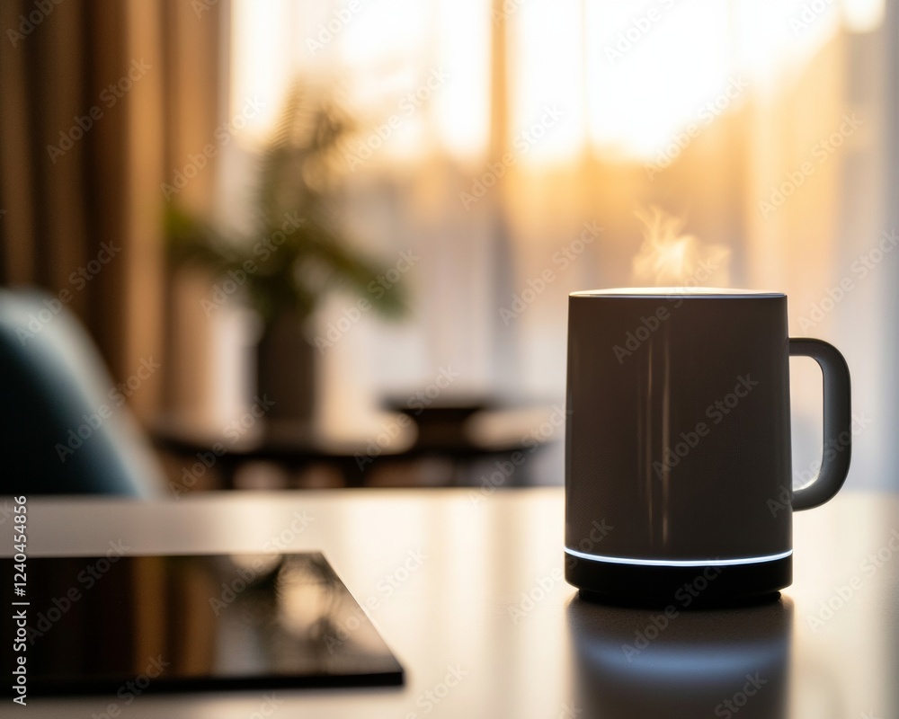 Aufkleber Contemporary Smart Kitchen AI-Driven Robotic Arm with Sleek Ceramic Mug and Digital Interface - Advanced Home Automation and Sustainable Living Showcase
