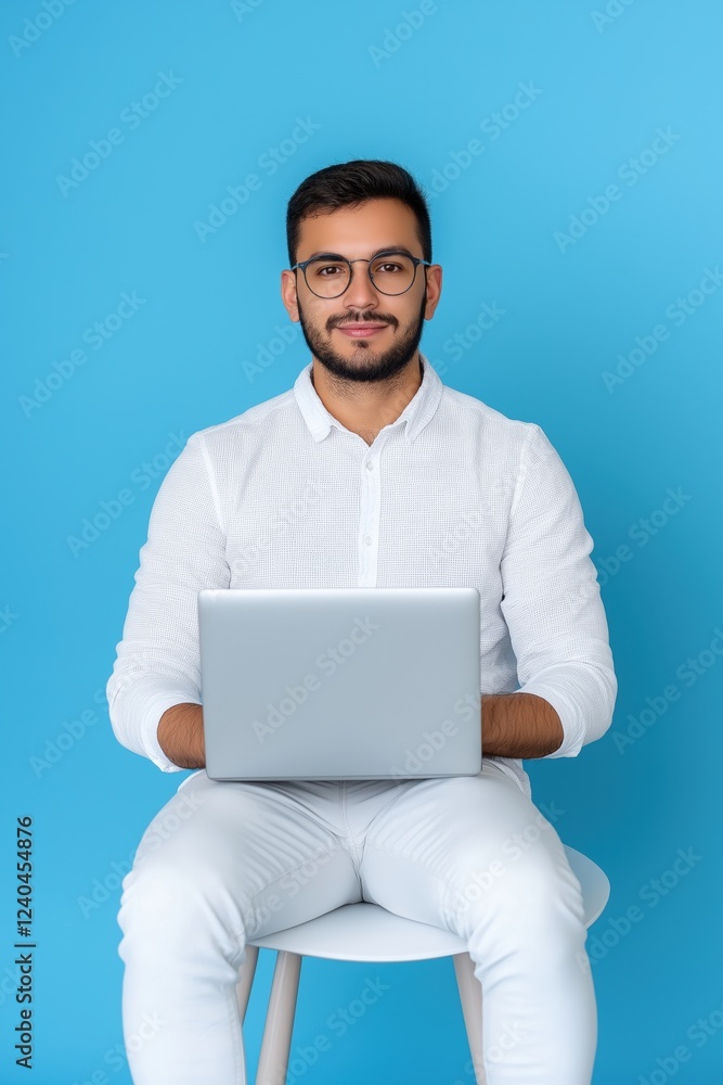 Wall mural A man wearing glasses and a white shirt is sitting on a chair with a laptop in front of him. He is focused on his work or studying