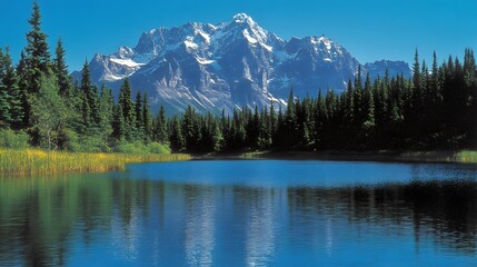 Serene Mountain Lake Landscape with Majestic Peaks and Evergreen Forest