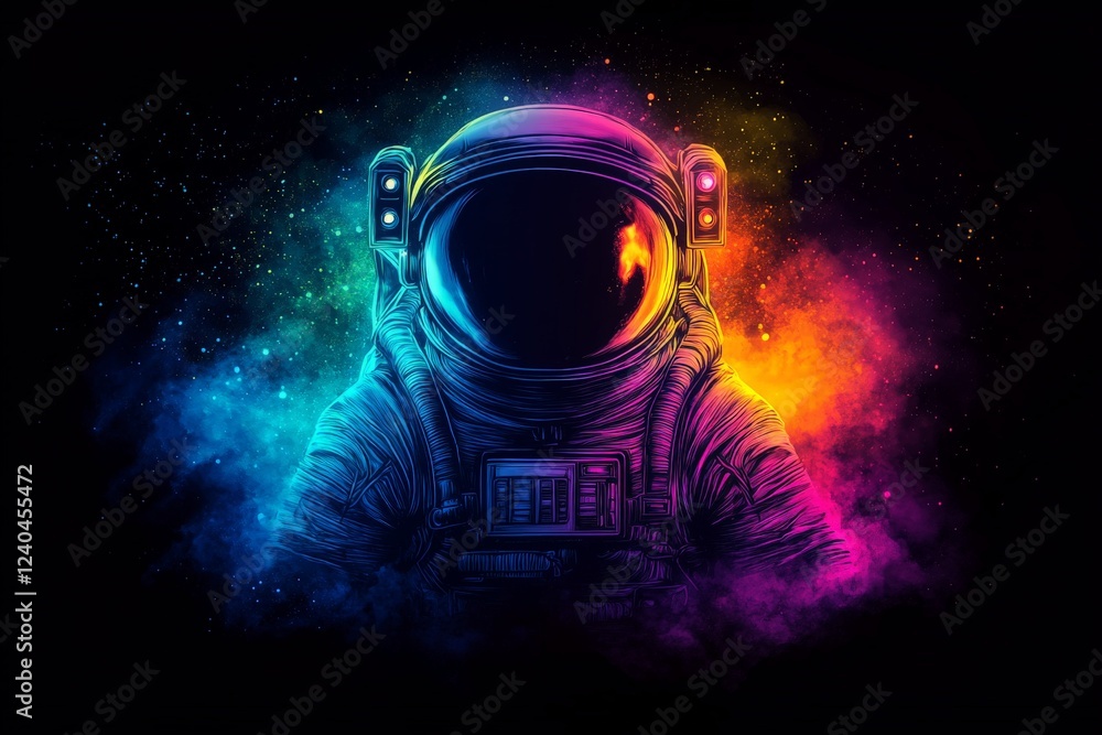 Poster cosmic astronaut exploration with vibrant colors and abstract background in a galaxy setting