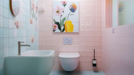 A small bathroom with pastel tiles, minimalist fixtures, and a playful acrylic wall art piece featuring abstract floral patterns.