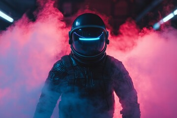 Striking figure in a spacesuit emerges through colorful smoke in a dimly lit environment