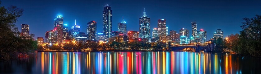 Fototapeta premium A vibrant city skyline at night, reflecting colorful lights on a calm water surface, showcasing urban beauty and tranquility.