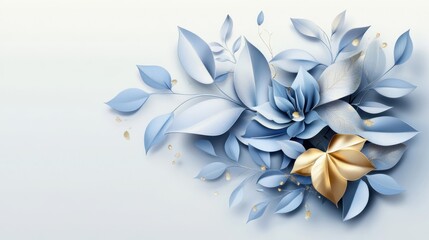 Fototapeta premium Elegant Blue and Gold Paper Flowers Floral Arrangement Design, Luxury Botanical Illustration, Artistic 3D Render