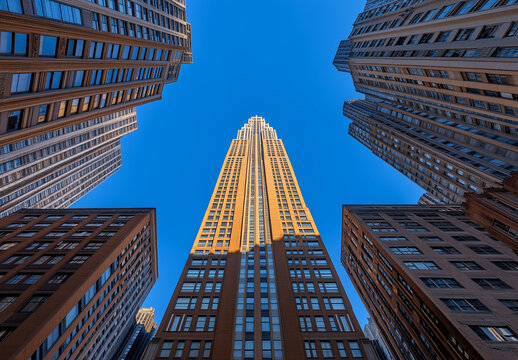 Fototapeta Blue skies and tall buildings seen from below, wide-angle, low-angle perspective, skyscrapers, business district, cityscape, urban architecture, blue sky, office building, corporate skyline, skyscrape