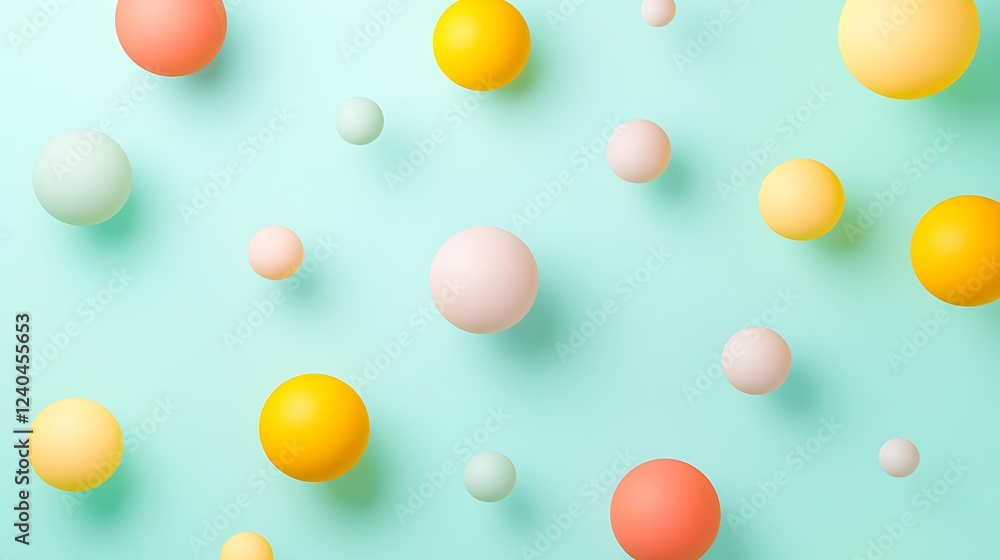 Poster colorful floating spheres on a soft turquoise background for abstract artistic design and modern dec