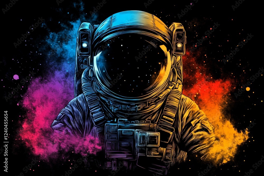 Poster Astronaut exploring colorful cosmic background in deep space with vibrant nebula hues