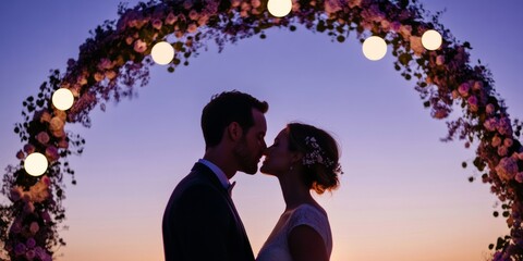 Romantic Floral Arch Design Sunset Wedding Kiss Under Blooming Arrangement - Elegant Celebration Content for Luxury Venue Showcase and Event Planning Inspiration
