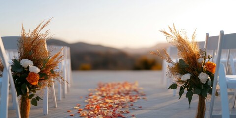 Bohemian Outdoor Wedding Aisle White Chairs and Flower Petals on Rustic Pathway - Elegant Event Design and Modern Matrimonial Planning for Unique Celebrations