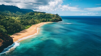 Obraz premium Serene coastal landscape, vibrant blue ocean meeting a sandy beach, lush greenery framing the scene, ideal for travel inspiration.
