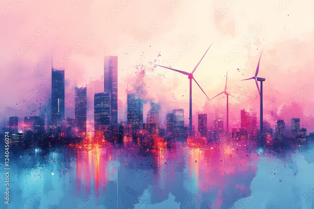 Poster dynamic city skyline with wind turbines and colorful twilight sky