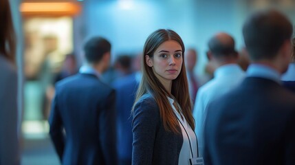 A shy woman accidentally walking into the wrong conference room, with confused attendees turning their heads as she nervously apologizes.