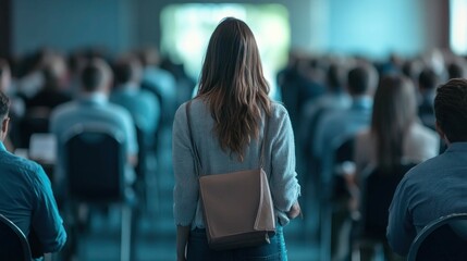 A shy woman accidentally walking into the wrong conference room, with confused attendees turning their heads as she nervously apologizes.