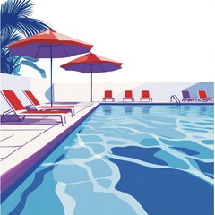 Obraz premium Tropical poolside lounge chairs and umbrellas by blue water