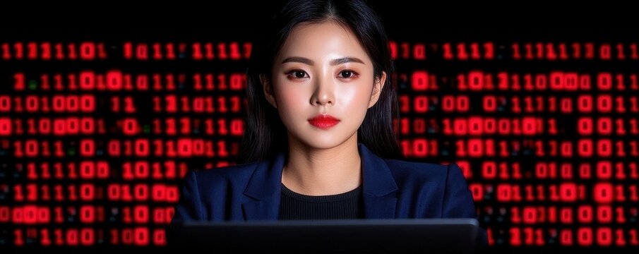 A woman in a suit gazes intently at a laptop, surrounded by a backdrop of binary code, symbolizing technology and data analysis.
