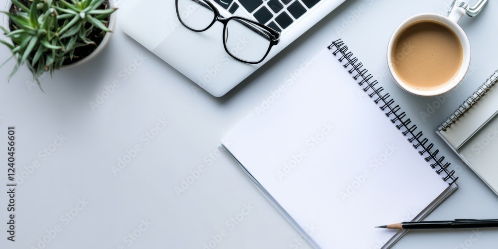 Poster Minimalist Workspace Aesthetic Sleek Wireless Setup with Notepad and Coffee - Enhancing Tech-Driven Study and Creative Workflows for Modern Digital Education Solutions