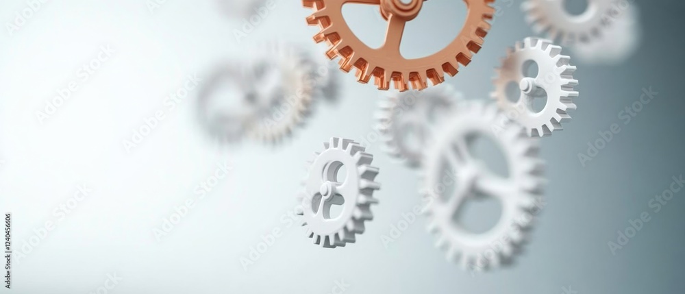 Aufkleber Futuristic Gear Dynamics Close-Up of Metallic Cogs in Motion - Industrial Artistry and Robotics for Advanced Manufacturing Solutions