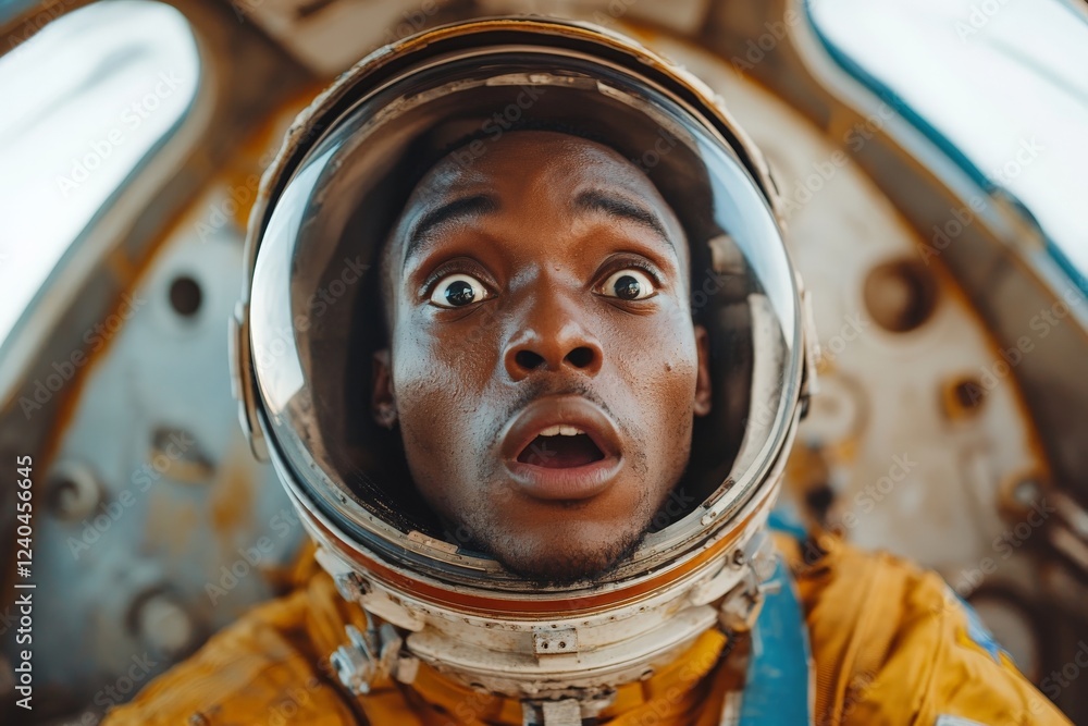 Poster excitement fills the face of an astronaut preparing for a space mission inside a spacecraft capsule