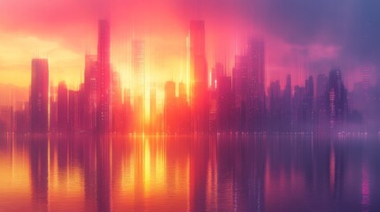 Cityscape sunrise, waterfront reflection, hazy sky, urban design