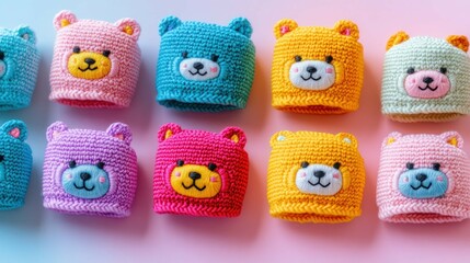 Fototapeta premium A set of colorful knitted wristbands featuring cheerful animal faces, arranged neatly on a pastel background.